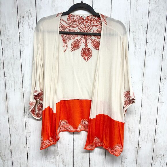 Soieblu Sweaters - Soieblue Kimono Small Cream & Orange Embroidered Bohemian Duster Open Cardigan